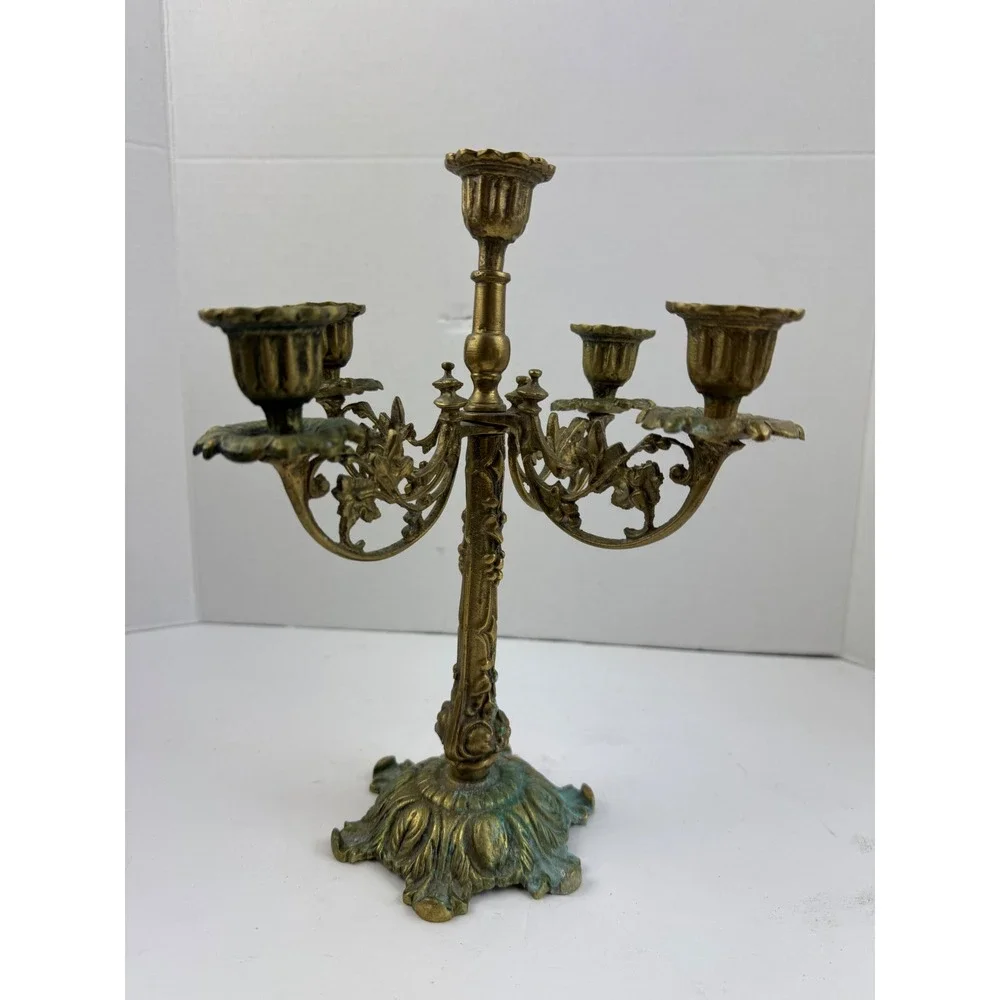 Vintage Ornate Brass 5 Arm Candelabra Ornate Floral Scrollwork Verdigris Patina